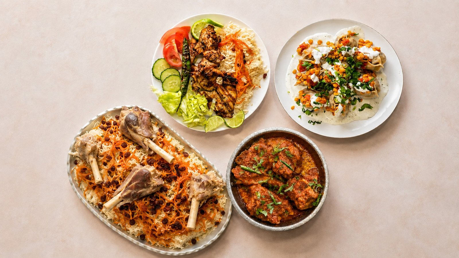 Afghansk festmåltid med kabab, palau og bolani